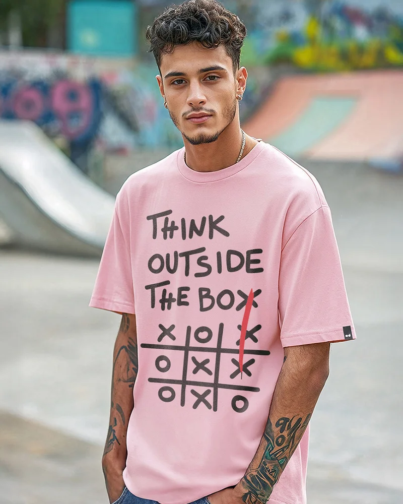 بيواكوف Men's Pink Think Outside Typography Oversized T-shirt